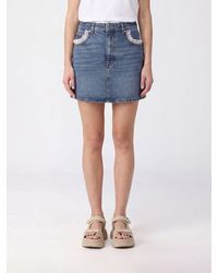 Ganni - High-Waisted Denim Pencil Mini Skirt With Lace Inserts - Lyst