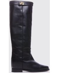 Via Roma 15 - Knee-High Smooth Leather Wedge Boots With Strap Details - Lyst