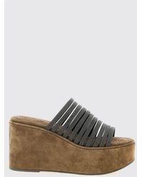Brunello Cucinelli - Suede Wedge Sandal With Monile - Lyst