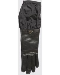 Prada - L Eather And Nylon Gloves With Metal Logo - Lyst