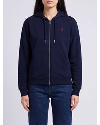 Ami Paris - Sweat À Capuche Zippé En Coton Avec Logo Brodé Et Poche Kangourou - Lyst