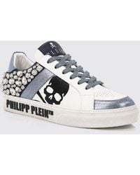 Philipp Plein - Skull Print Leather Low-Top Sneakers With Crystals - Lyst