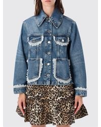 Ganni - Cropped Organic Cotton Denim Jacket With Lace Inserts - Lyst