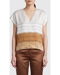 Alysi - Striped Silk Blouse With V-Neck And Short Sleeves - Lyst