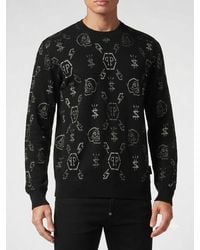 Philipp Plein - Skull Motif Merino Wool Crewneck Jumper With Jacquard Monogram - Lyst