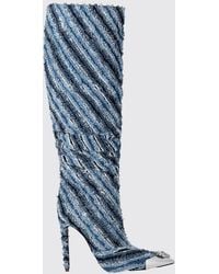 Philipp Plein - Bicolor Striped Denim Knee-High Boots With Crystals - Lyst