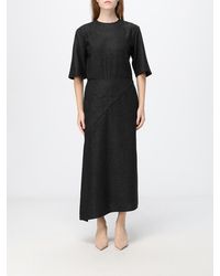 Crida Milano - Beatrice Asymmetric Hem Wool Flannel Midi Dress With Short Sleeves - Lyst