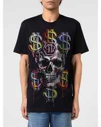 Philipp Plein - Cotton T-Shirt With Rhinestone-Embellished Skull And Logo Print - Lyst