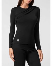 Philipp Plein - Draped Long-Sleeved Modal Top With Ruched Shoulders - Lyst