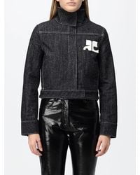 Courreges - Courr&Egrave	Ges Short Denim Jacket With Contrast Logo And Funnel Neck - Lyst