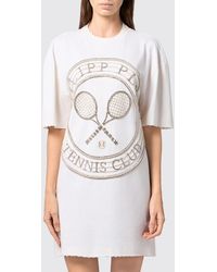 Philipp Plein - Tennis Club Cotton Sheath Mini Dress With Rhinestone Logo - Lyst
