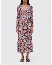 RIXO London - Floral Print Long-Sleeved Silk Midi Sheath Dress With V-Neck - Lyst