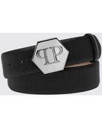 Philipp Plein - Calfskin Leather Belt With Hexagon Monogram Buckle - Lyst