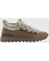 Brunello Cucinelli - Leather And Shearling Low Top Sneakers With Monili Detail - Lyst