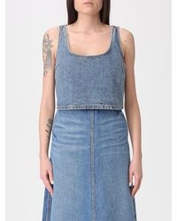 Self-Portrait - Cotton Denim Cropped Top With Rhinestones - Lyst