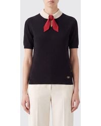 Valentino Garavani - Slim Fit Wool Blend Jumper With Short Sleeves And Pussy-Bow Neck - Lyst