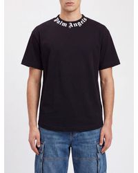 Palm Angels - Crewneck Cotton T-Shirt With Logo Print And Curved Hem - Lyst