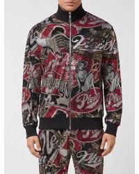 Philipp Plein - High Neck Zip-Up Jersey Sweatshirt With Graphic Print And Rhinestones - Lyst