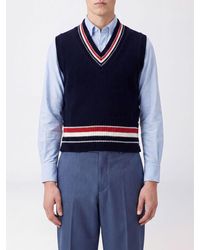Thom Browne - Striped Graphic V-Neck Wool Blend Knitted Vest - Lyst