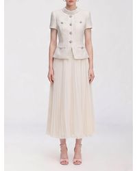 Self-Portrait Boucle And Chiffon Midi Dress in White | Lyst Self-Portrait Boucle And Chiffon Midi Dress in White | Lyst