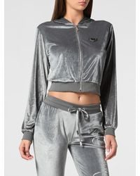 Philipp Plein - Cropped Velvet Zip-Up Hoodie With Rhinestone Logo Detail - Lyst