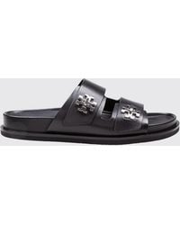 Tory Burch - Smooth Leather Flat Sandals With Double T Metal Logo - Lyst