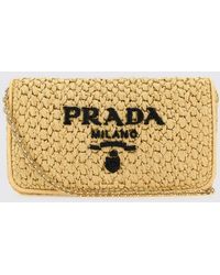 Prada - Raffia Shoulder Bag With Embroidered Logo - Lyst