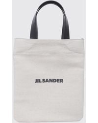 Jil Sander - Logo Print Jute And Cotton Tote Bag With Leather Handles - Lyst