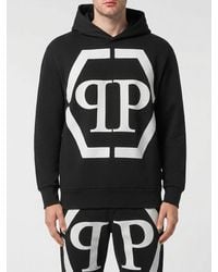 Philipp Plein - Monogram Print Cotton Hoodie With Hexagon Logo And Dropped Shoulders - Lyst