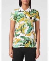 Philipp Plein - Sleeveless Cotton Polo Shirt With Tropical Print And Striped Collar - Lyst