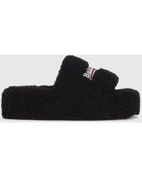 Balenciaga - Shearling Wedge Slide Sandals With Embroidered Logo - Lyst