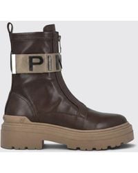 Pinko - Mia Leather Biker Ankle Boots With Lettering Logo And Lug Sole - Lyst