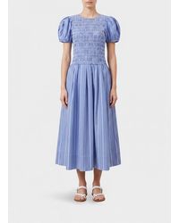 Ganni - Striped Cotton Midi Dress With Puff Sleeves - Lyst