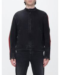 Gucci - Slim Fit Denim Biker Jacket With Web Stripes - Lyst