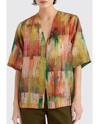 Momoní - Momon&Igrave Abstract Print Silk V-Neck Short-Sleeved Shirt - Lyst