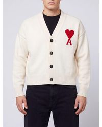 Ami Paris - V-Neck Wool Cardigan With Contrast Logo - Lyst