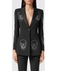 Philipp Plein - Slim Fit Single-Breasted Cropped Crêpe Blazer With Skull Print And Rhinestones - Lyst