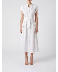 Eleventy - Linen Midi Chemisier Dress With Belt And Mandarin Collar - Lyst
