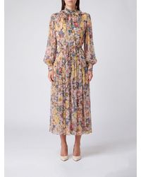 Twinset - Floral Crêpe Midi Dress With Scarf Neck And A Tie-Waist Belt - Lyst