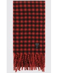 Ami Paris - Check Merino Wool Scarf With Logo And Fringes - Lyst