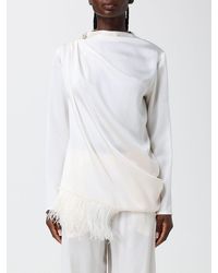 Fabiana Filippi - Viscose Long-Sleeved Blouse With Feathers And Asymmetrical Hem - Lyst