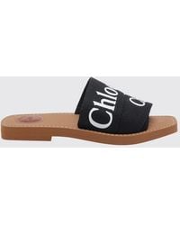 Chloé - Chlo&Eacute Woody Canvas Slide Sandals With Logo And Square Toe - Lyst