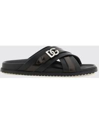 Dolce & Gabbana - Dolce &Amp Gabbana Calfskin Leather Slide Sandals With Dg Monogram Plaque - Lyst