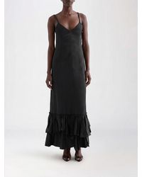 Jil Sander - Long Silk Blend Dress With V-Neck And Ruffle Application - Lyst