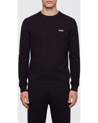 BOSS - Slim Fit Cotton Crew-Neck Jumper With Contrasting Logo - Lyst
