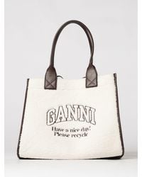 Ganni - Shearling And Recycled Leather Tote Bag With Embroidered Logo - Lyst