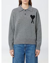 Ami Paris - Long-Sleeved Wool Knit Polo Shirt With Contrasting Logo - Lyst