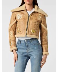 Philipp Plein - Cropped Shearling Jacket With Butterfly Print And Fur Collar - Lyst