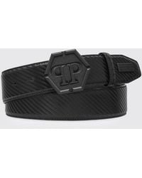 Philipp Plein - Embossed Leather Belt With Hexagon Monogram Buckle - Lyst