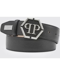 Philipp Plein - Adjustable Grained Leather Belt With Hexagon Monogram Buckle - Lyst